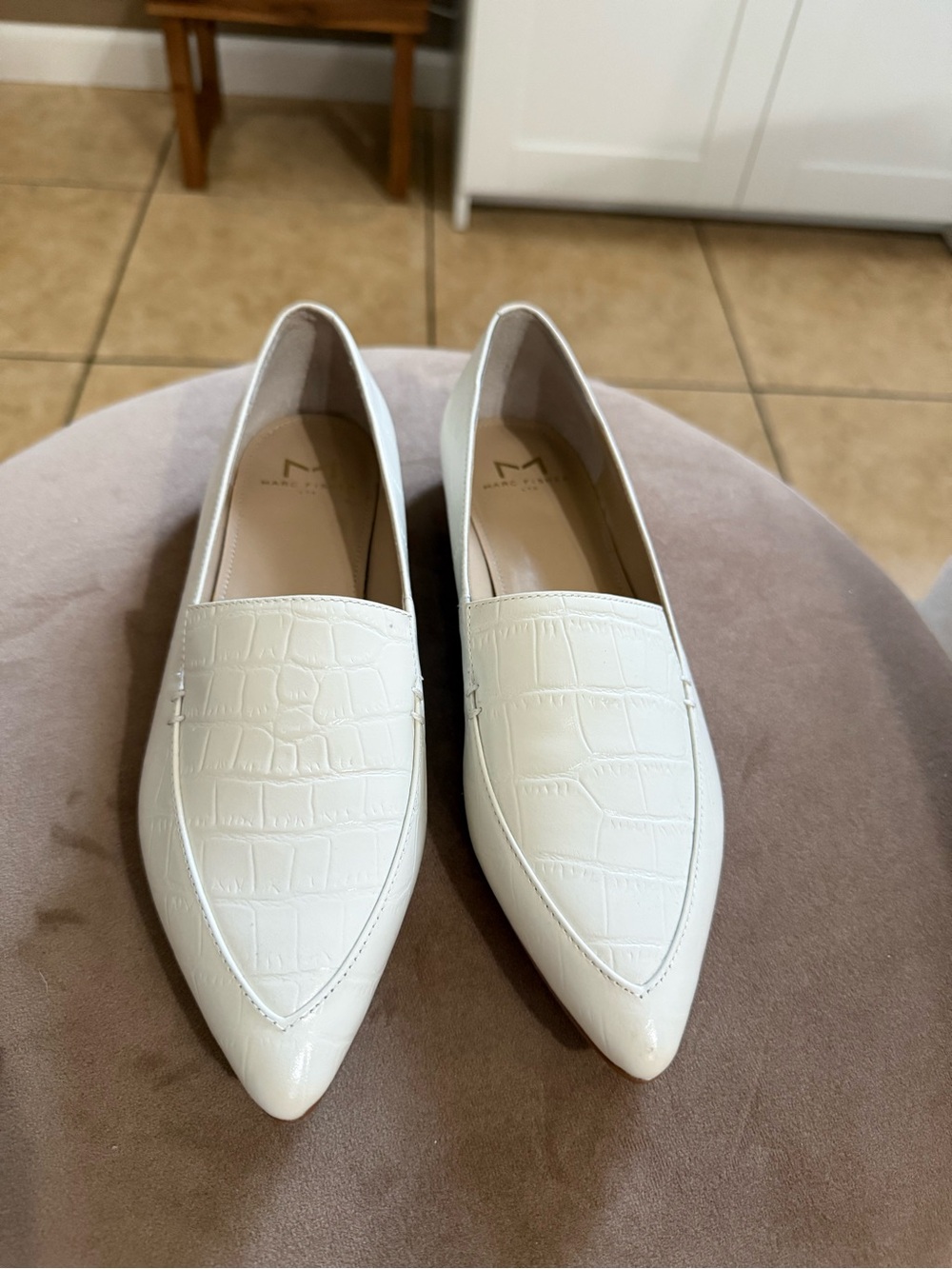 Marc Fisher - Women's Pointed Toe Croc-Embossed Loafers in White
